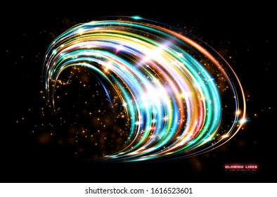 Futuristic wave Flash. Magic sparks. Mystical shine streaks. Empty place. Abstract background. Neon wind lines. Glow effect. Beautiful light. Glint cosmic rays. Power energy. Vector.