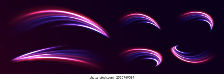 Futurista onda flash, espiral de neón. Una onda semicircular, un vórtice de un rastro de luz curvado.