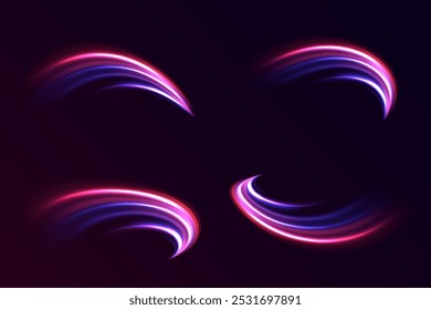 Futuristischer Wellenblitz, Neonspirale. Eine halbkreisförmige Welle, ein Wirbel einer gekrümmten Lichtspur.