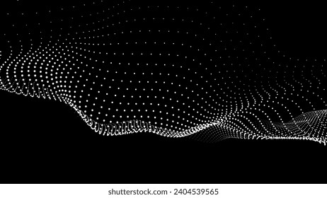 Futuristic wave of white smoothly moving dots on a black background. Vector EPS10.