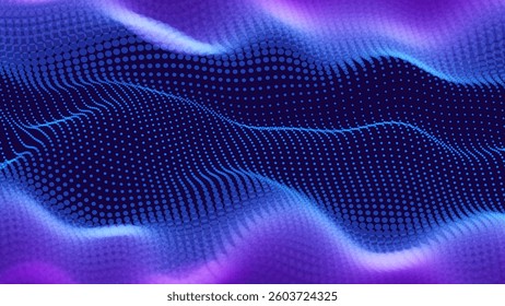 Futuristic Waveform Mesh Grid Background with Flowing Dots and Abstract Gradient Lines. Dynamic Tech Vibration Effect in Purple Blue Tones. Vector Illustration for AI and Data Visualization.