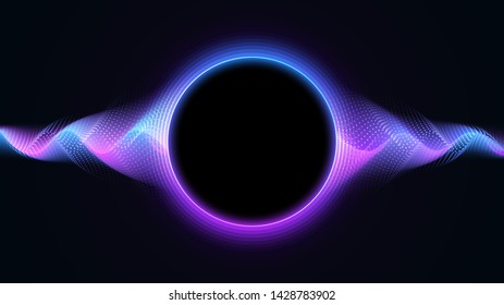 Futuristic Wavy background with abstract liquid flow particles. Blue and Purple Wavy Particle Surface on Black Background. EPS10 Vector Illustration.