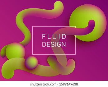Futuristic wavy fluid and spherical gradient shapes flyer backdrop. 3d motion concept background, spheres and curve shapes flow. Gradient fluid elements future design. Chemical wallpaper.