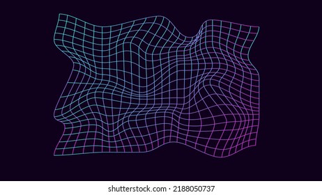 Futuristic wavy grid in the style of retrofuturism. Geometric dynamic wave. 3D technology wireframe. Vector illustration.