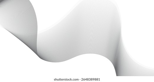 Fundo de linha ondulada futurista, projeto de fluxo de tecnologia curvo abstrato em cinza e branco. Fundo de movimento técnico mínimo com linhas pretas curvas suaves e ondas.