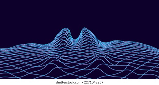 Futuristic wavy wireframe landscape of glitch effect on blue background. Signal damaged in linear hilly terrain. Digital cyberspace in mountains with valleys. Vector illustration.