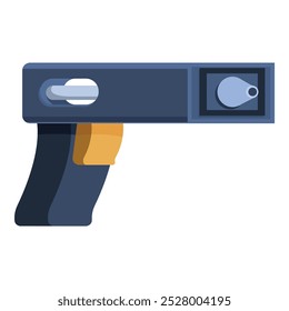 Arma futurista con un mango y un cañón, disparando rayos de energía, representada en estilo de dibujos animados
