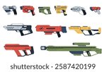 Futuristic weapons for games. Laser weapons of the future. Space blasters. Futuristic pistols, rifles, assault rifles. Vector illustration