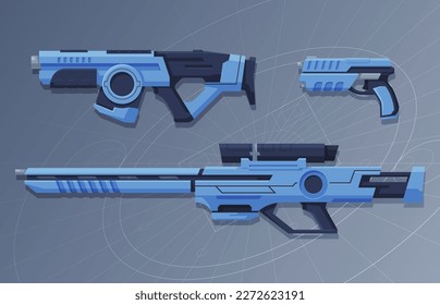 Futuristic weapons for games. Laser weapons of the future. Space blasters. Futuristic pistols, rifles, assault rifles. Vector illustration