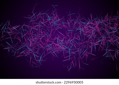 Futuristic web background design. Urban texture. Molecular particles chaotic movement. Brownian motion abstract dispersion concept vector digital background. Violet lines dynamic particles