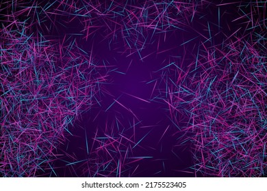 Futuristic web wallpaper design. Urban texture. Molecular particles chaotic movement. Brownian motion abstract dispersion concept vector digital background. Purple lines ray streams.
