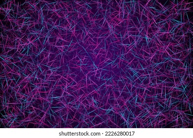 Futuristic web wallpaper design. Urban texture. Molecular particles chaotic movement. Brownian motion abstract dispersion concept vector digital background. Purple lines ray elements.