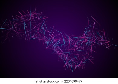 Futuristic web wallpaper design. Urban texture. Molecular particles chaotic movement. Brownian motion abstract dispersion concept vector digital background. Purple lines ray elements.