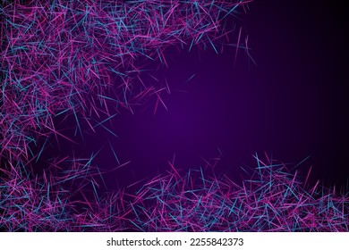 Futuristic web wallpaper design. Urban texture. Molecular particles chaotic movement. Brownian motion abstract dispersion concept vector digital background. Purple lines ray streams.