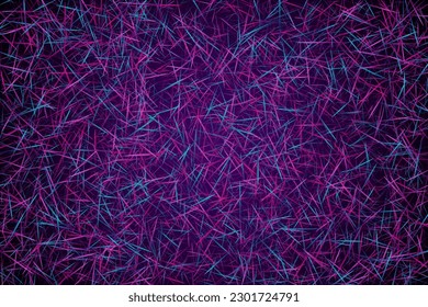 Futuristic web wallpaper design. Urban texture. Molecular particles chaotic movement. Brownian motion abstract magnetic law concept vector digital background. Purple lines dynamic particles