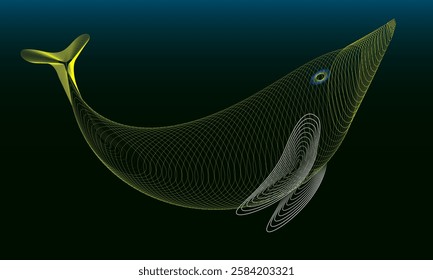 Futuristic whale against the background of the ocean depths. The figure of the whale is drawn with multi-colored lines.