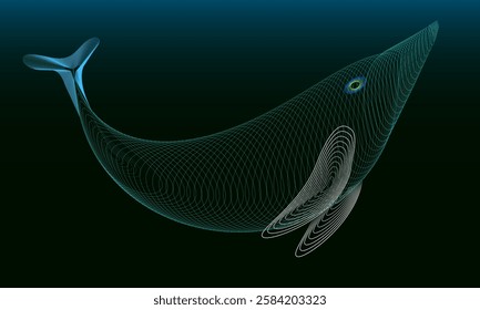 Futuristic whale against the background of the ocean depths. The figure of the whale is drawn with multi-colored lines.