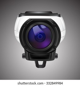 Futuristic white action video camera with blue lens designed like a eye of the robot. Fish eye lens. Vector image  isolated on gray background