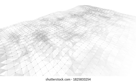 Futuristic white futuristic background. Wave with connecting dots and lines on wave background. Abstract interlacing lines and points. Digital connection of elements. Imitation waves.