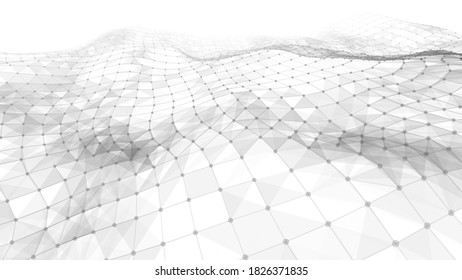 Futuristic white futuristic background. Wave with connecting dots and lines on wave background. Abstract interlacing lines and points. Digital connection of elements. Imitation waves.