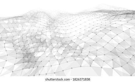 Fondo futurista blanco. Onda con puntos de conexión y líneas en el fondo de la onda. Resumen de líneas de entrelazado y puntos. Conexión digital de elementos. Olas de imitación.