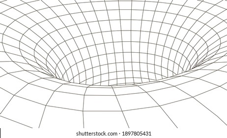 Futuristic white funnel. Wireframe space travel tunnel. Abstract blue wormhole with surface warp. Vector illustration.