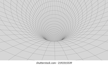 Futuristischer weißer Trichter. Weltraumfahrtunnel mit dem Wireframe. Abstraktes blaues Wurmloch mit Oberflächenverschluss. Vektorgrafik.
