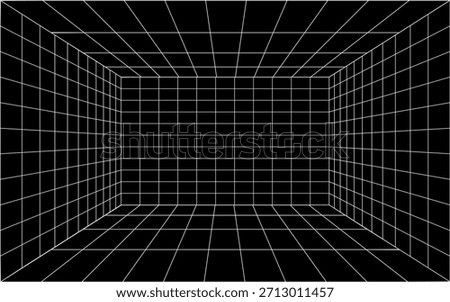 Futuristic with white grid lines and dotted perspective lines creating a 3d effect in a virtual space with geometric shapes and lines