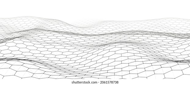 Futuristic White Hexagon Dynamic Wave. Futuristic Honeycomb Concept. Digital Technology Web Flow. Big Data Visualization. Vector Illustration.