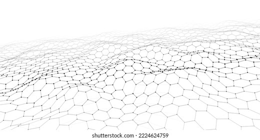 Futuristic white hexagon dynamic wave. Futuristic honeycomb concept. Digital technology webflow. Big data visualization. Vector illustration.