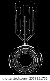 Futuristic white hud circle with AI circuit board and electronics details on black background. Tech elements for UI and GUI design. Vector illustration. EPS 10