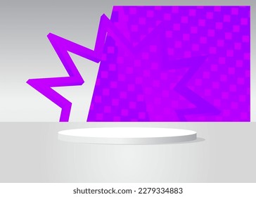 Futuristic White and Purple Stage showcase, cylinder pedestal podium. Sci-fi minimal abstract vector 3D room. Mockup product display geometric forms, empty scene for presentation.