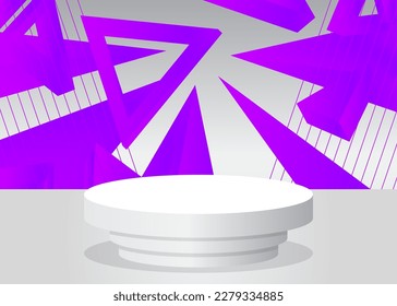 Futuristic White and Purple Stage showcase, cylinder pedestal podium. Sci-fi minimal abstract vector 3D room. Mockup product display geometric forms, empty scene for presentation.