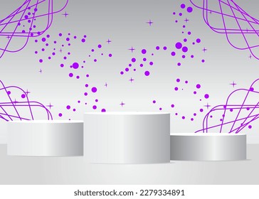 Futuristic White and Purple Stage showcase, cylinder pedestal podium. Sci-fi minimal abstract vector 3D room. Mockup product display geometric forms, empty scene for presentation.