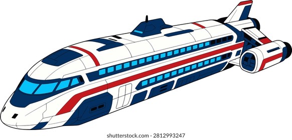 Futuristic white and red bullet train spaceship, side view, with passenger cars, aerodynamic nose. Sci-fi cartoon vector illustration isolated on white background, ideal for games, space and science fiction concepts.