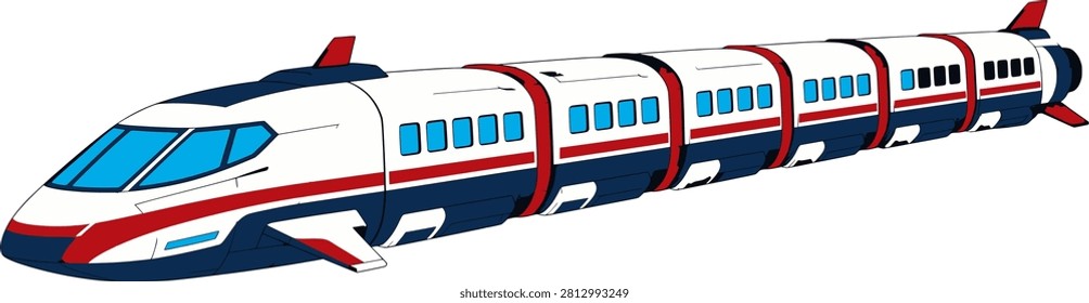 Futuristic white and red high-speed train spaceship, side view, with streamlined nose, windows. Sci-fi cartoon vector illustration isolated on white background, ideal for games, space and science fiction concepts.