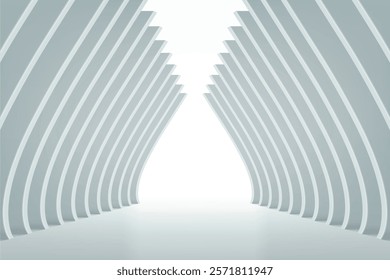 Futuristic white tunnel with curved arches, creating a clean, symmetrical abstract structure