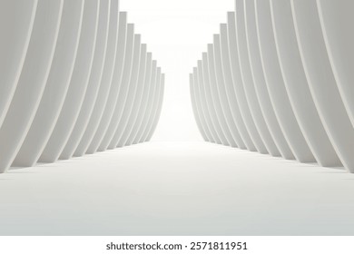 Futuristic white tunnel with curved arches, creating a clean, symmetrical abstract structure