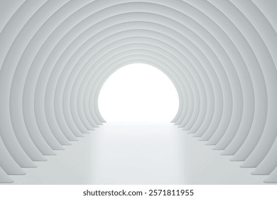 Futuristic white tunnel with curved arches, creating a clean, symmetrical abstract structure
