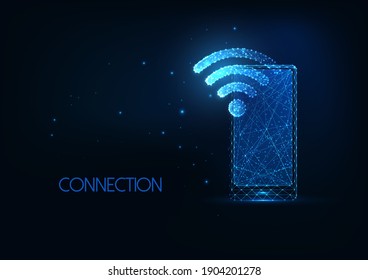 Futuristic Wifi Network Concept With Glowing Low Polygona Smartphone And Wi-fi Symbol On Dark Blue Background. Modern Wireframe Mesh Design Vector Illustration.