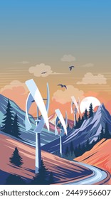 Futuristic wind turbines in the mountains, vector illustration