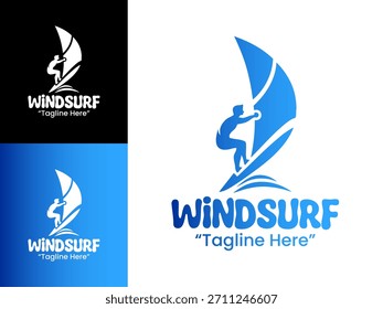 Ein futuristisches Windsurf-Symbol, das geometrische Linien und Wellenfluss kombiniert und sich für digitale Wassersport-Apps und leistungsorientierte Marken eignet.