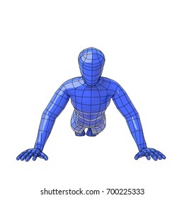 Futuristic wire mesh human figure making push up. Sportman. vector illustration