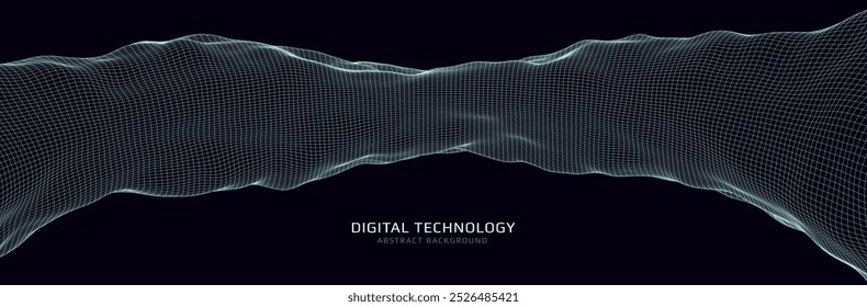 Zukunftsweisendes Drahtmodell-3D-Gitter. Wellenförmiges Cyberelement. Vektorgrafik.
