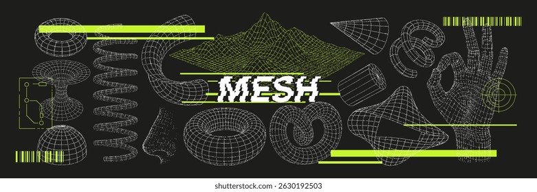 Futuristic Wireframe 3D Mesh Set with Hand, Terrain, Circuit and Digital Shapes in dot texture line.