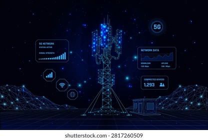 Futuristic wireframe 5G communication tower with holographic HUD interface, wireless network infrastructure, IoT connectivity, smart city technology, digital data visualization, telecommunications, cybersecurity and next generation mobile communication concept.
