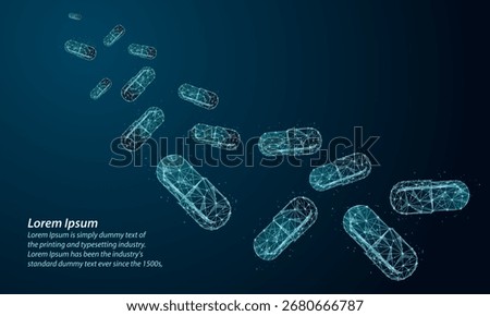 futuristic wireframe digital illustration of capsules floating in space.Medical, pharmacy, antibiotic, health, vitamin, treatment illustration.Abstract low poly modern medicine, innovation,technology.