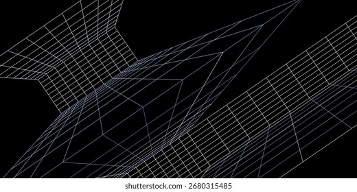 Futuristic wireframe grid with abstract geometric shapes, digital landscape design, neon 3D perspective lines, modern technology background, and virtual network art.