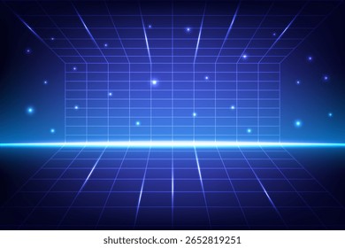 Fundo de grade de wireframe futurista com luz brilhante azul escuro gradiente, ideal para tecnologia, ficção científica ou temas de apresentação digital, ilustração vetorial