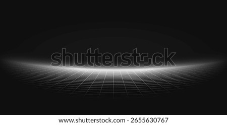 Futuristic wireframe grid curves in darkness. Digital horizon. Retro tech and sci-fi background. 